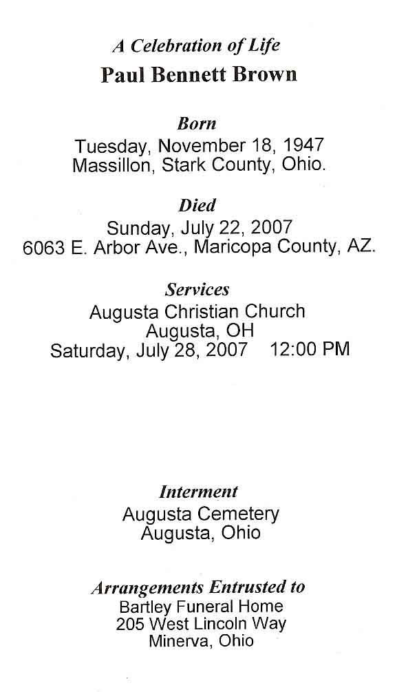 Paul Bennett Brown Funeral Card