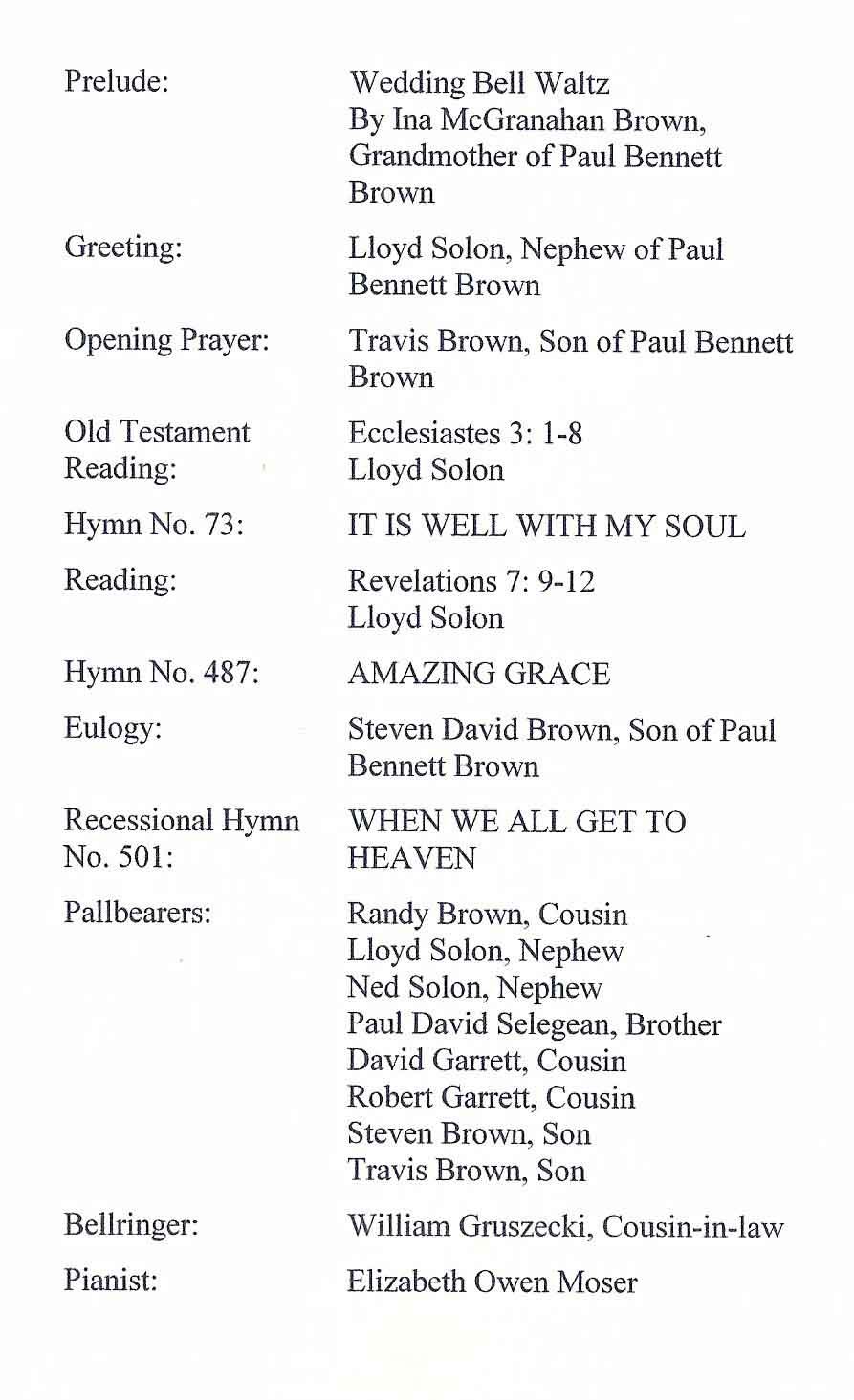 Paul Bennett Brown Funeral Program - Inside