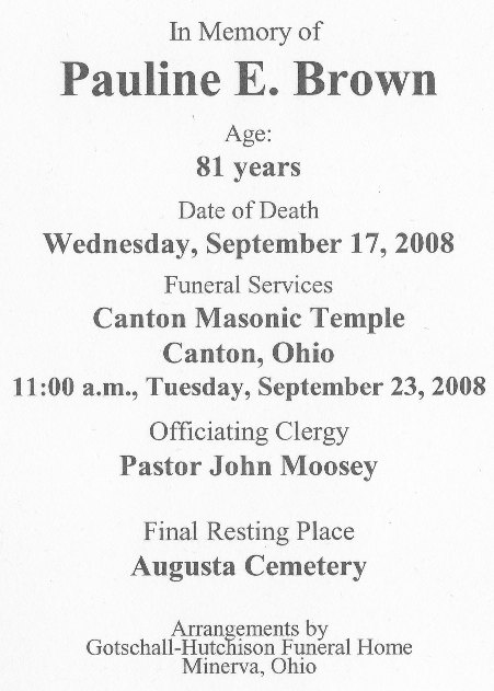 Pauline E. Conner Brown Funeral Card