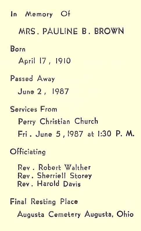 Pauline Kinsey Brown Funeral Card