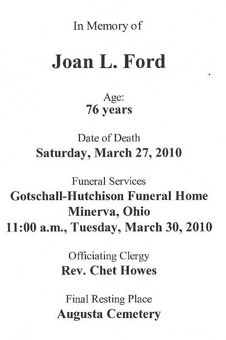 Joan Lanning Enoch Ford Funeral Card