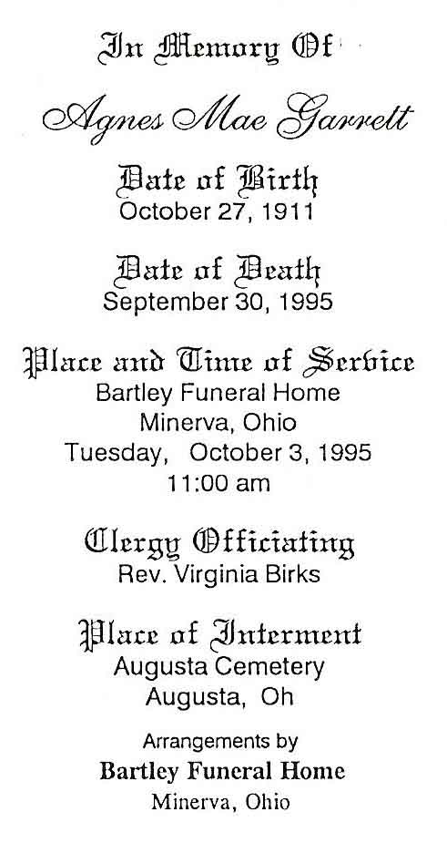 Agnes Mae Garrett Funeral Card