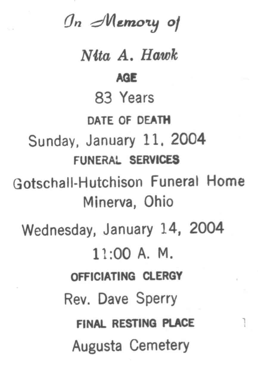 Nita A. Hawk Funeral Card