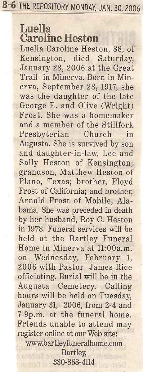 Luella Caroline Frost Heston Obituary