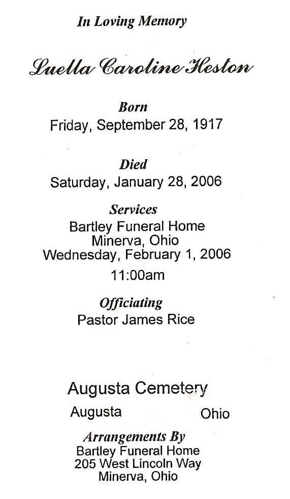 Luella Frost Heston Funeral Card