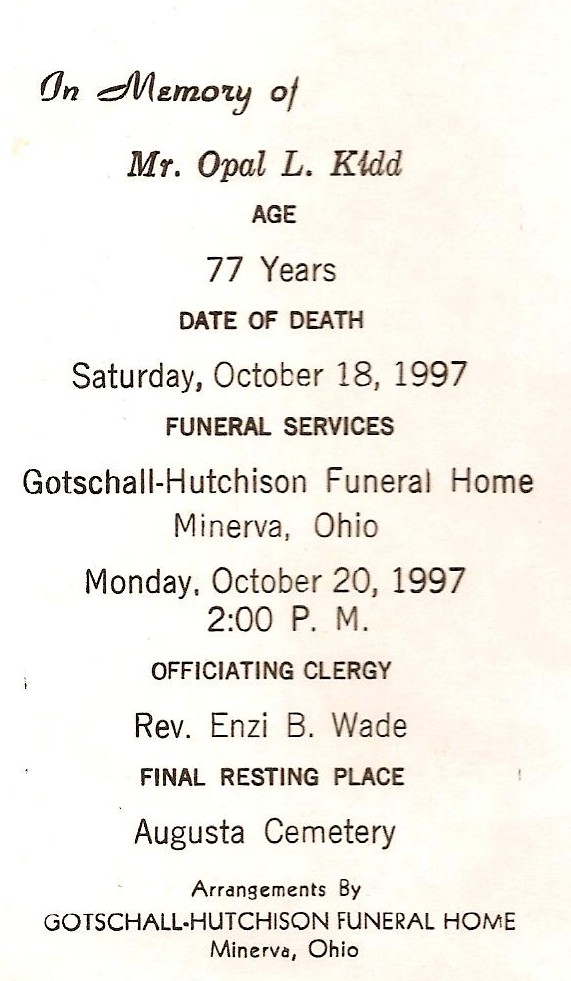 Opal Lewis Kidd Funeral Card