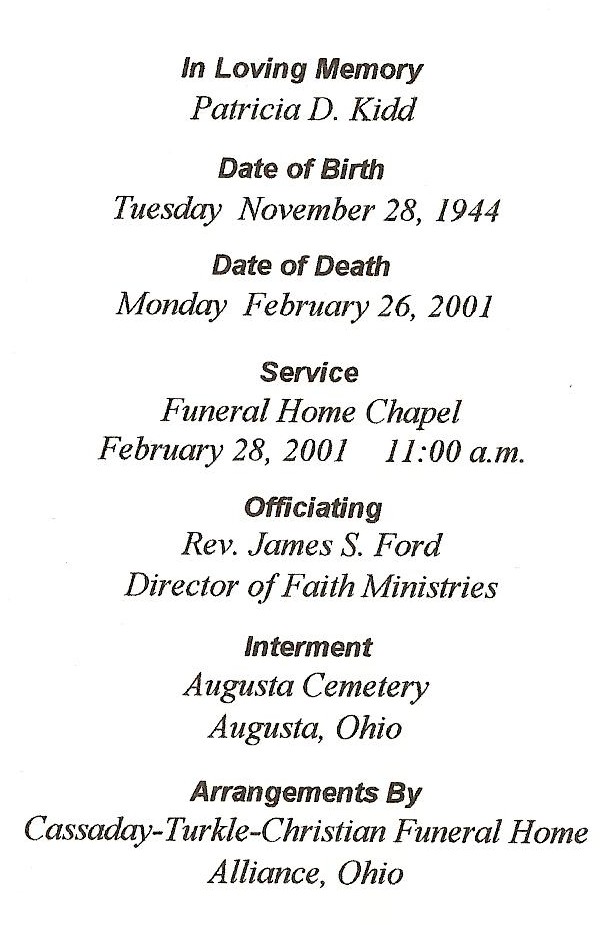 Patricia D. Kidd Funeral Card