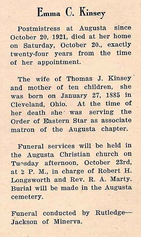 Emma C. Hiner Kinsey Funeral Card