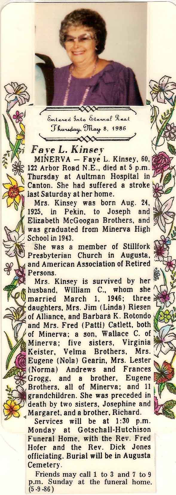 Faye L. Brothers Kinsey Obituary