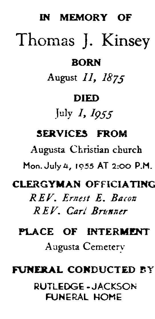 Thomas J. Kinsey Funeral Card