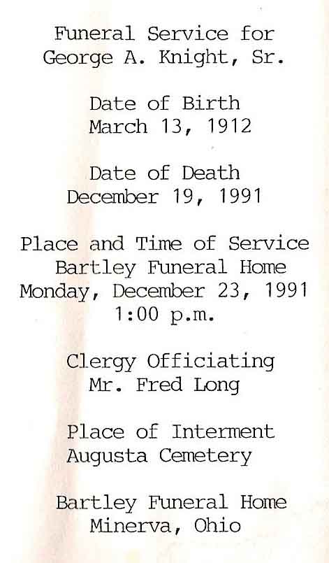 George A. Knight, Sr. Funeral Card