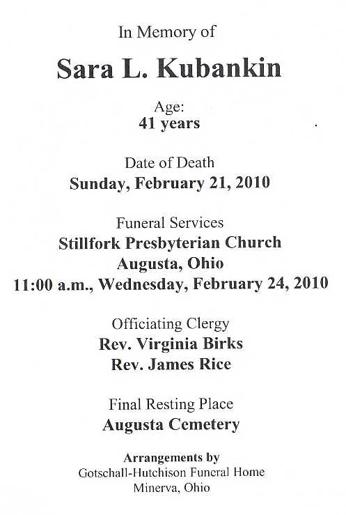 Sara Kubankin Funeral Card