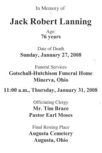 Jack R. Lanning Funeral Card