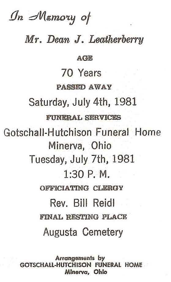 Dean J. Leatherberry Funeral Card