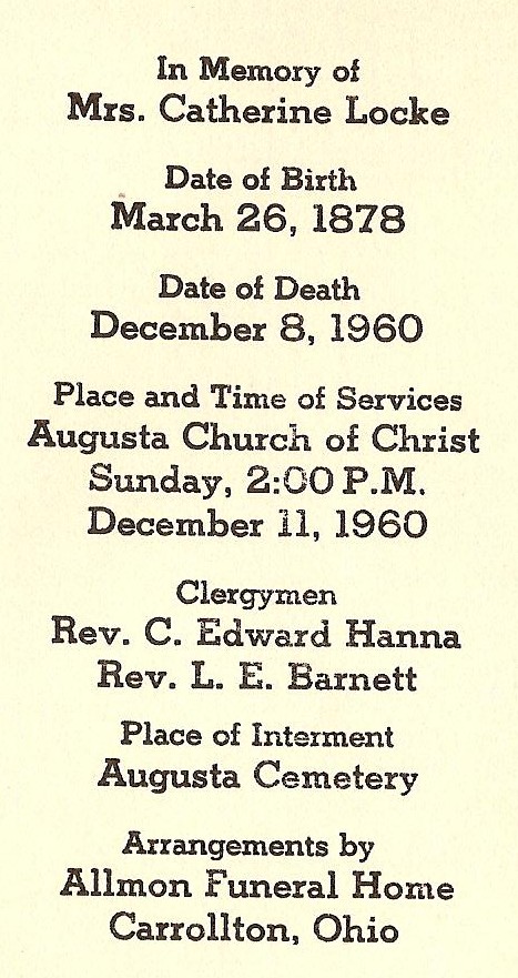 Catherine Erb Locke Funeral Card