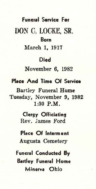 Donald C. Locke, Sr. Funeral Card