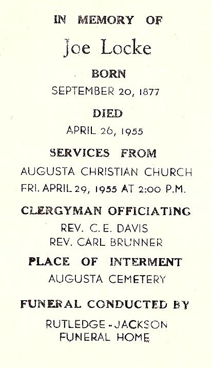 Joseph Isaac Locke Funeral Card