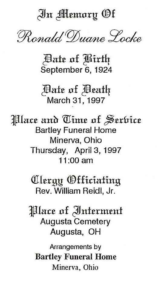 Ronald Duane Locke Funeral Card