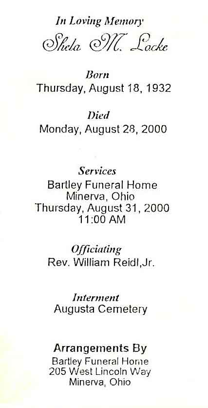 Shela M. Locke Funeral Card