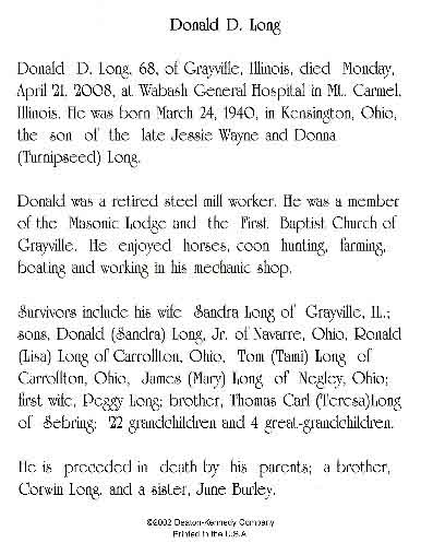 Donald D. Long Funeral Card