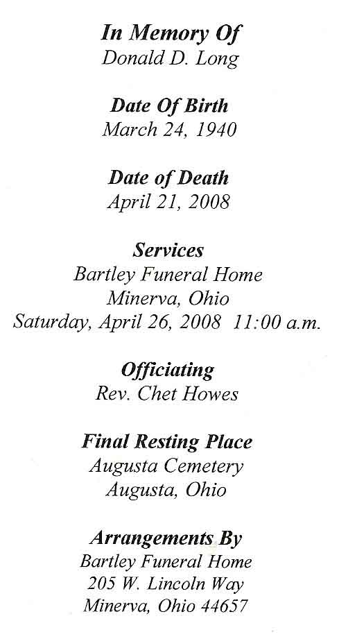 Donald D. Long Funeral Card