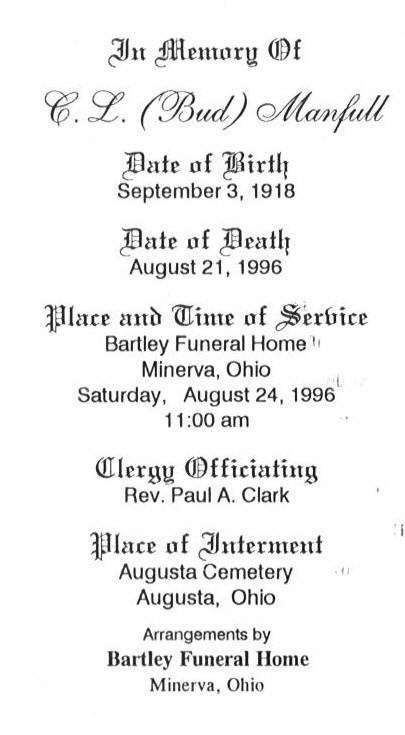 C. L. "Bud" Manfull Funeral Card