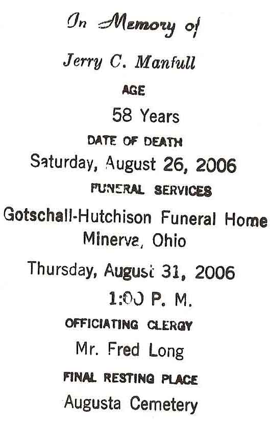 Jerry C. Manfull Funeral Card