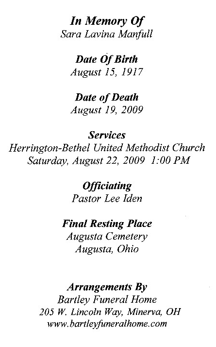 Sara Manfull Funeral Card