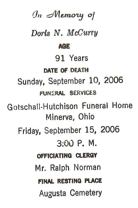 Doris N. Ray McCurry Funeral Card