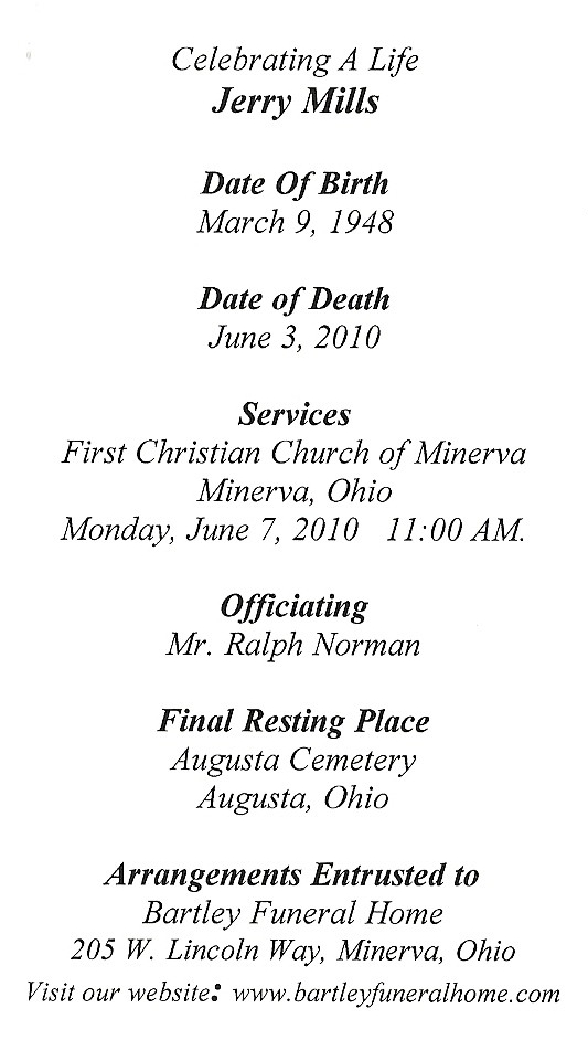 Jerry Mills Funeral Card