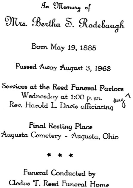 Bertha S. Rodebaugh Funeral Card