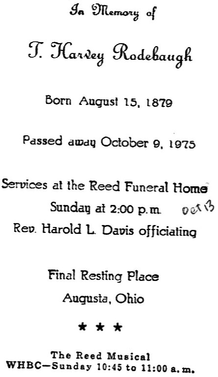 Thomas Harvey Rodebaugh Funeral Card