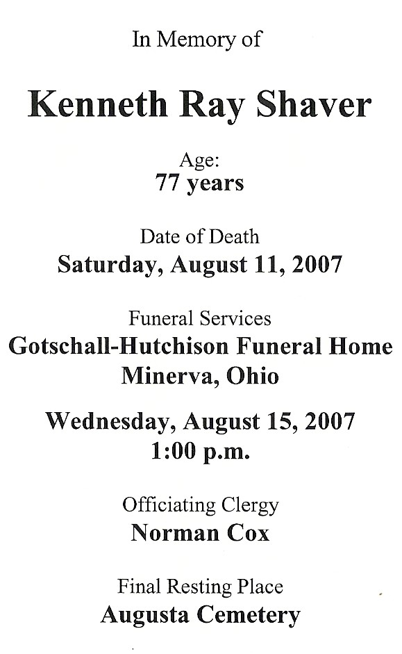 Kenneth Ray Shaver, Sr. Funeral Card