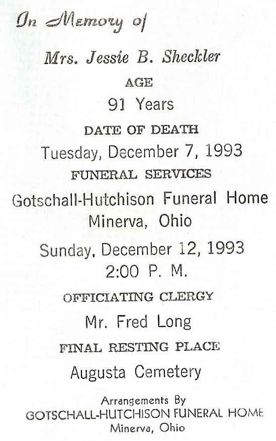 Jessie B. Sheckler Funeral Card