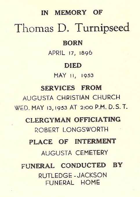 Thomas Dewey Turnipseed Funeral Card